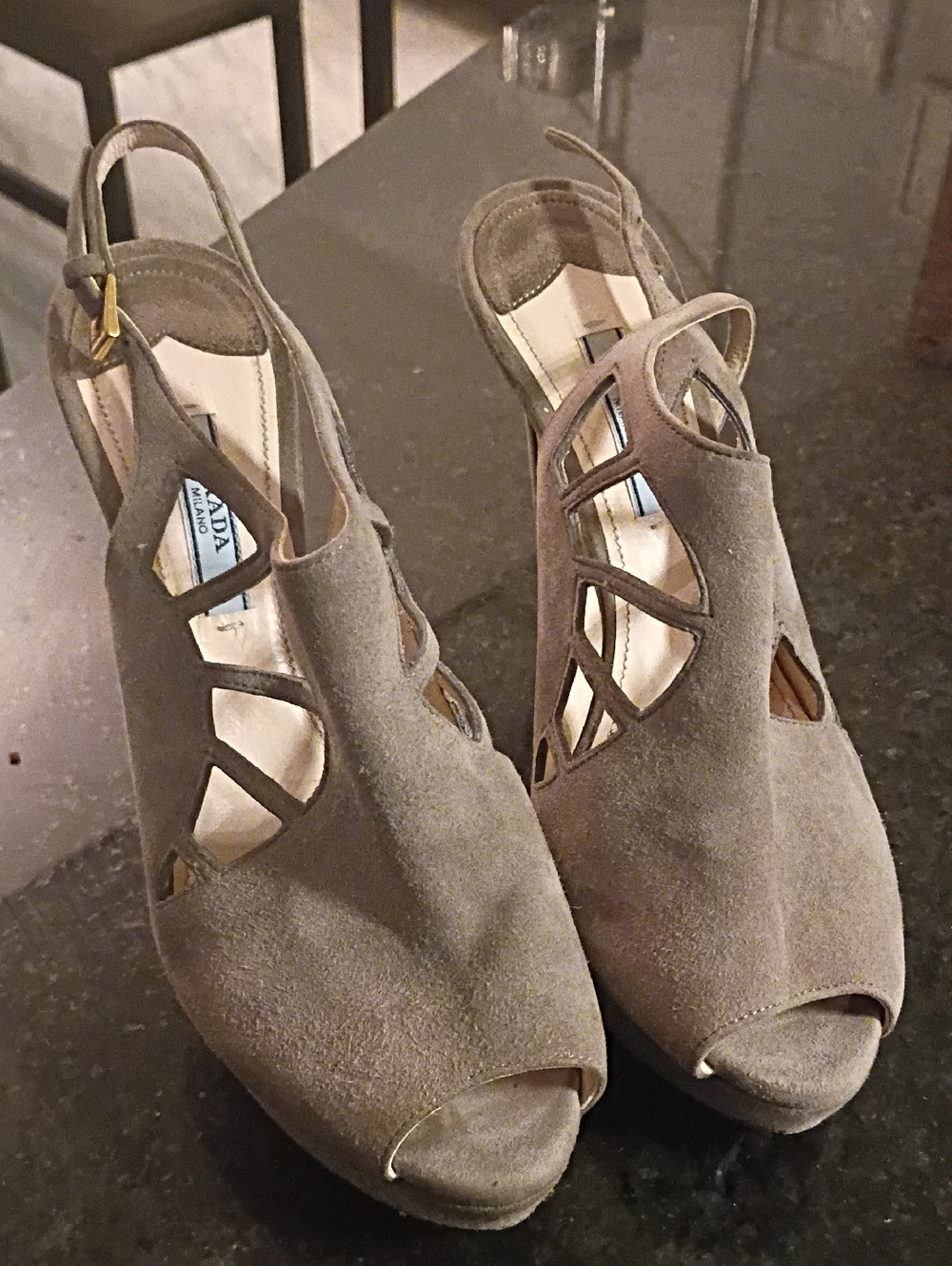 Prada Taupe Suede Cutout Peep-Toe Slingback Heels